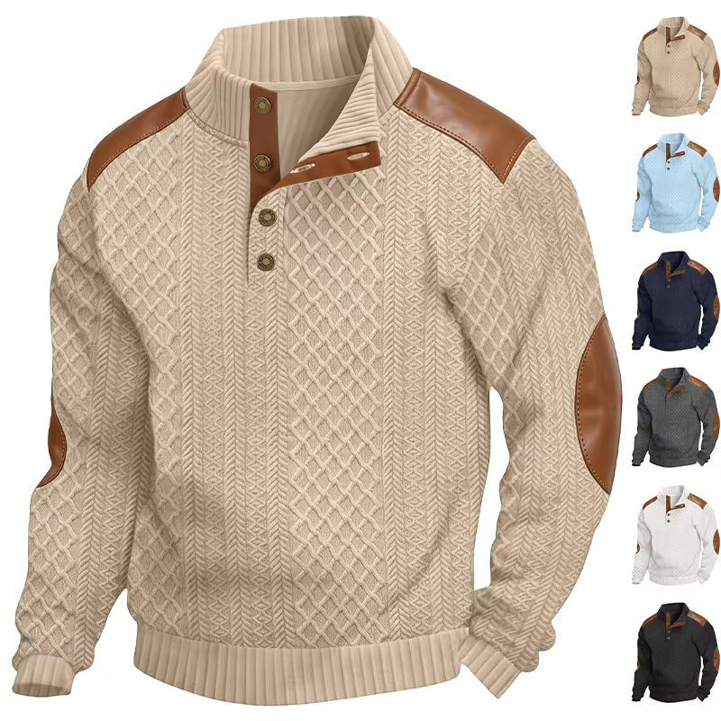 Men's American-style textured jacquard pullover sweatshirt with a turn-down collar, shoulder and sleeve patchwork, and loose long sleeves