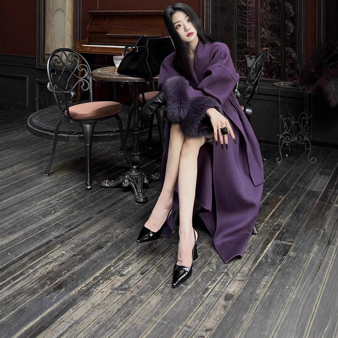 2025 Autumn and Winter Rich Violet Noble Winter Double-Sided Sheep Wool Coat with Detachable Fox Fur Sleeves