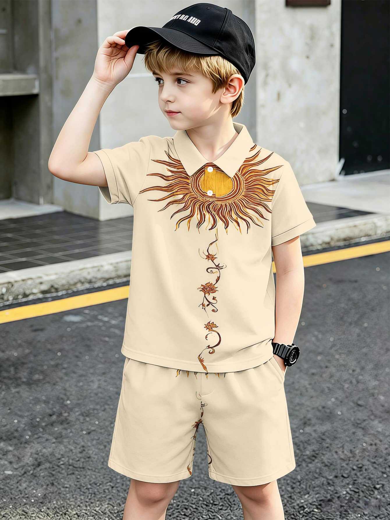 Conjunto de polo e calções para menino com estampado 3d_voghion.com