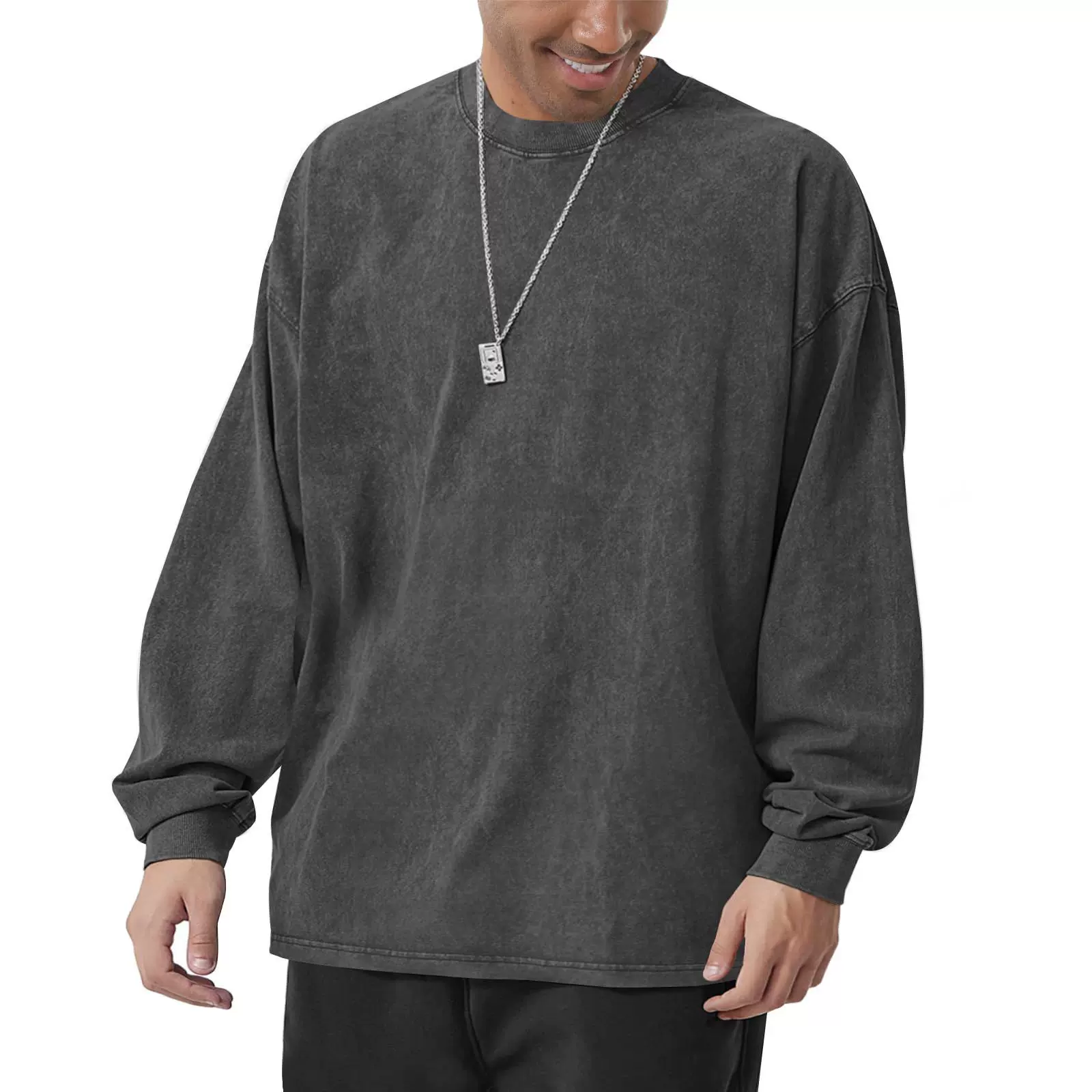 230g纯棉重磅做旧T恤长袖大码落肩全棉水洗复古秋衣宽松oversize