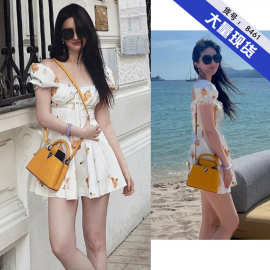 刘亦菲同款穿搭泡泡袖印花连衣裙女装夏季方领蕾丝花边字短裙子