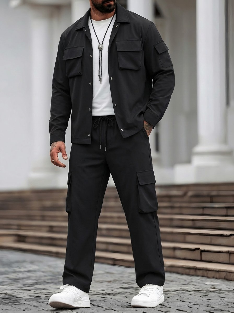 Monochrom Herren Workwear Jacken Set Für Frühling Und Herbst_voghion.com