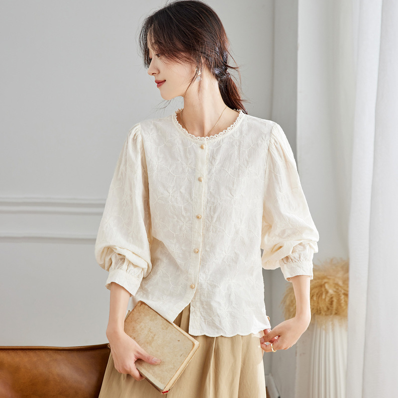 Unique Lace-Trimmed Round-Neck Shirt for Women, Long Autumn Cotton Embroidered Top, Apricot-Colored Embroidered Women's Shirt