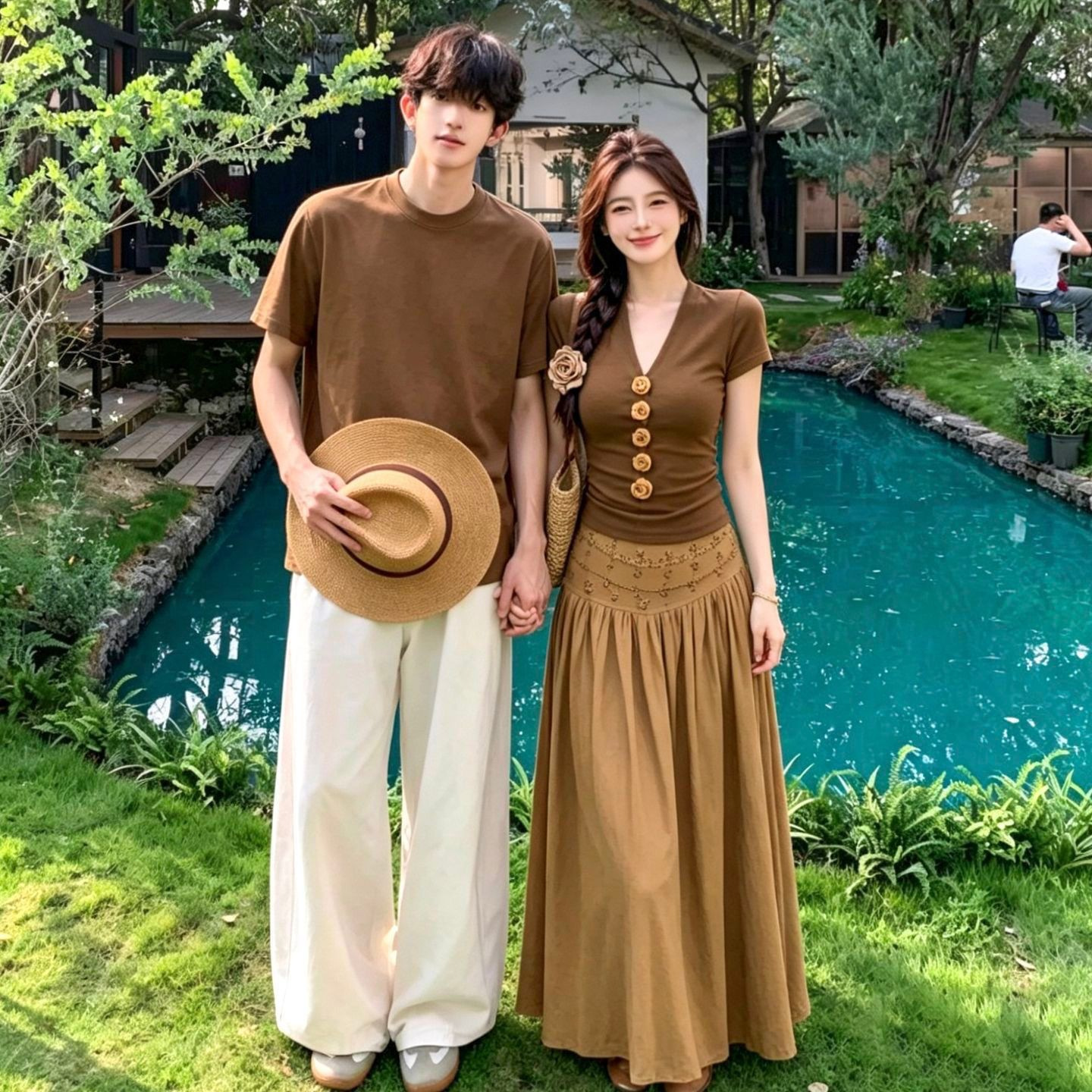 Different Couple Outfits for Summer, New Retro Pastoral Style Short-Sleeved T-Shirt and Skirt Two-Piece Set, One Skirt and One Shirt