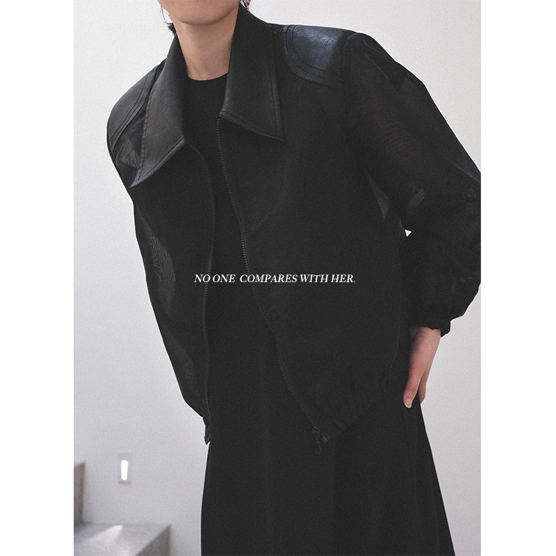 With Her Niche Original Design Spring & Fall Wide Shoulder Splicing Leather PU Organza See-through Sun Protection Jacket for Women