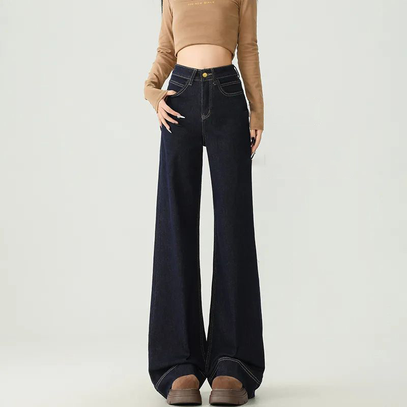 Tannin Blue Micro Wide Leg Jeans Women's Spring and Autumn New High Waist Loose Straight Pants for Small Women with No Leg Flared Pants