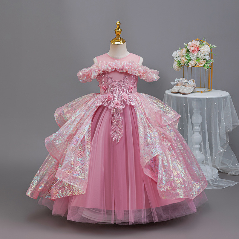 Children's Sequin Princess Dress Wedding Dress Fluffy Dress Girl Hosting Piano Performance Dress Birthday Party Evening Dress