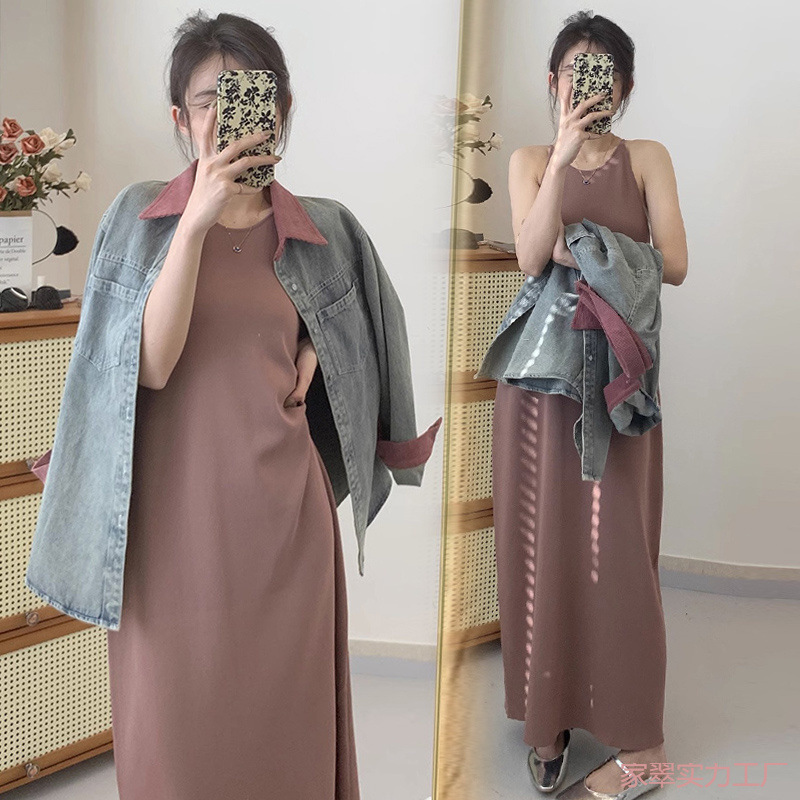 임산부 봄 정장 느슨한 봄과 가을 임산부 데님 재킷 캐주얼 니트 조끼 드레스 두 조각