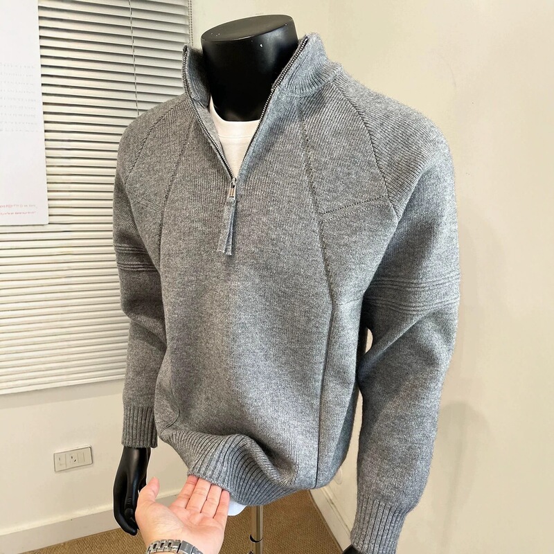 American retro half-zip sweater for men, autumn and winter deconstructed patchwork boxy knit top with ribbed stand collar American retro half-zip sweater for men, autumn and winter deconstructed patchwork boxy knit top with ribbed stand collar
