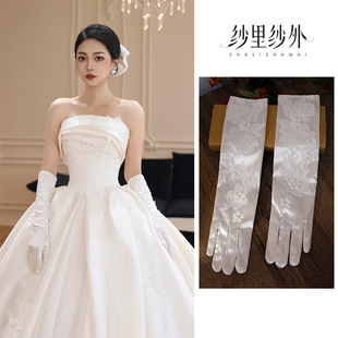French Satin Wedding Gloves Retro Lace Handmade Elegant Bridal Wedding Dinner Dress Accessories Floating Island
