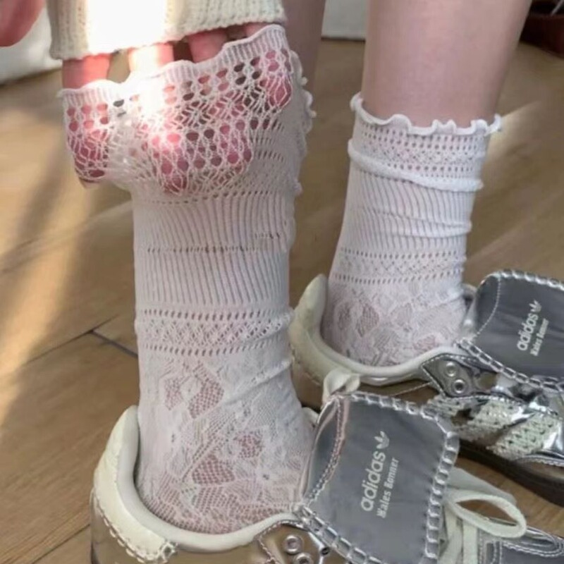 White Heap Sweat-Absorbing Lace Stockings Mid-Tube Lace Hollow White JK Socks Women's Spring and Summer Thin Leather Shoes
