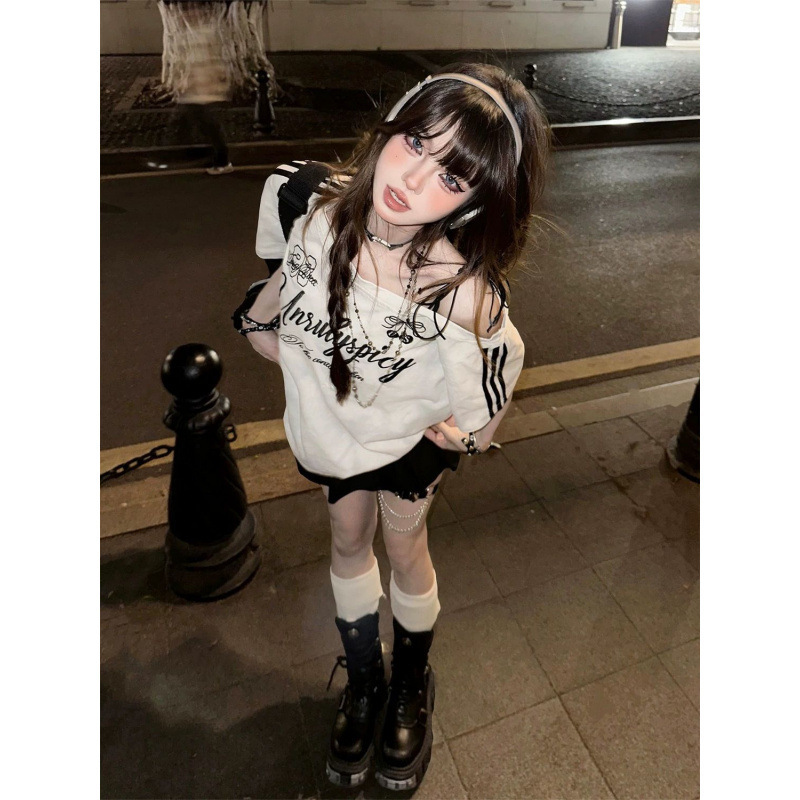 韓国の甘くてクールなホットガール絞り染めグラデーションオフショルダーコットン半袖Tシャツレディース夏新作3ストライプデザイントップ|undefined