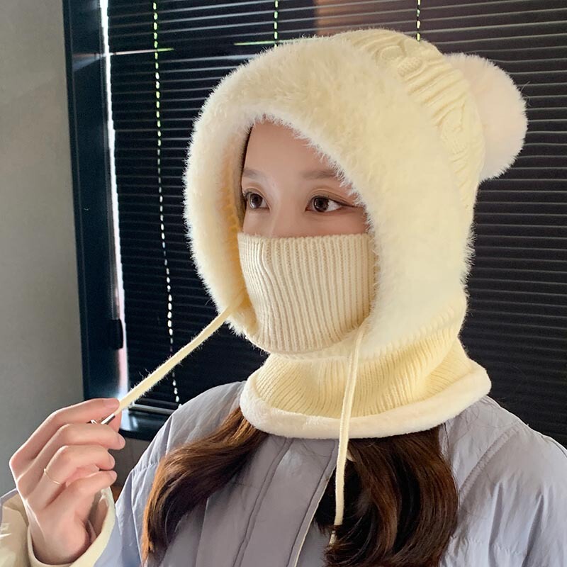 新款连体帽女冬季骑行加绒加厚遮脸护耳针织帽子围脖口罩保暖套件|undefined