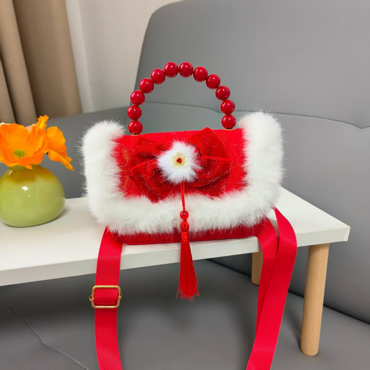 Bolso de la princesa portátil de perlas de Año Nuevo gran rojo para niños bolso de Año Nuevo bolso de chicas bolso de cadena pequeña bolsa de accesorios de viento fragante