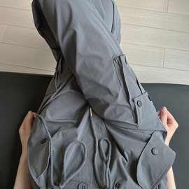 灰色工装裤女夏季高腰休闲直筒阔腿设计感复古美式速干运动裤氨纶