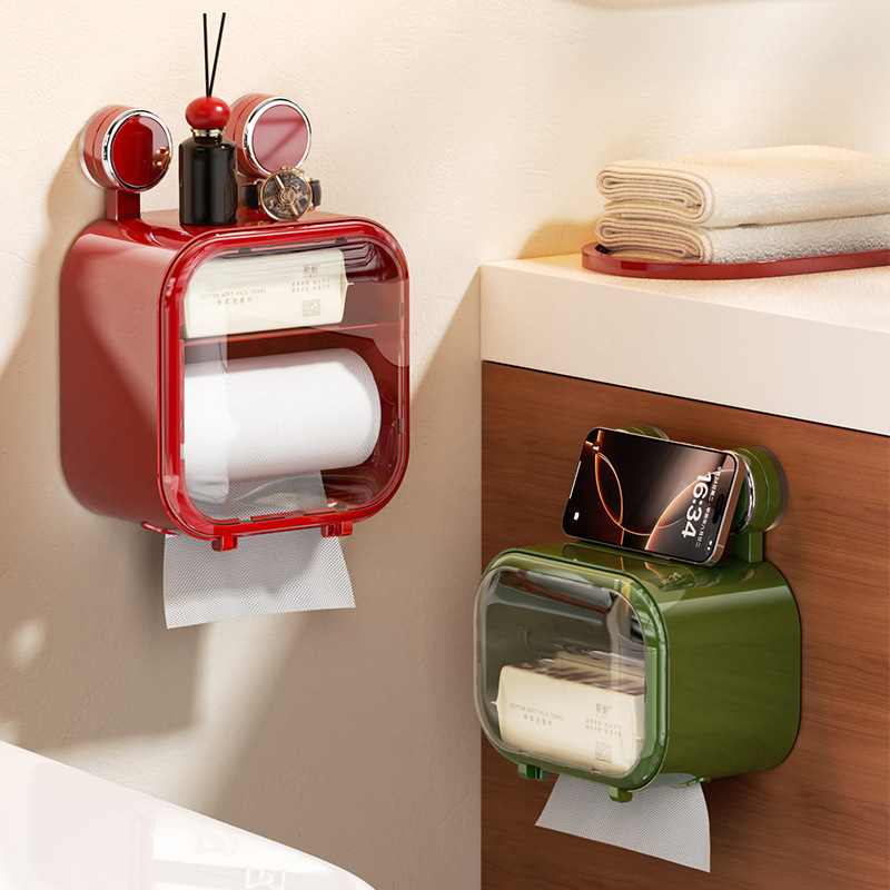 Suction Cup Tissue Box Toilet Paper Box Roll Paper Box Bathroom Toilet Paper Box Wall-Mounted Waterproof Visible Tissue Storage Box