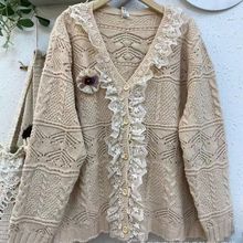 16087森系甜美针织镂空V领开衫外套蕾丝花边拼接软妹宽松毛衣秋款