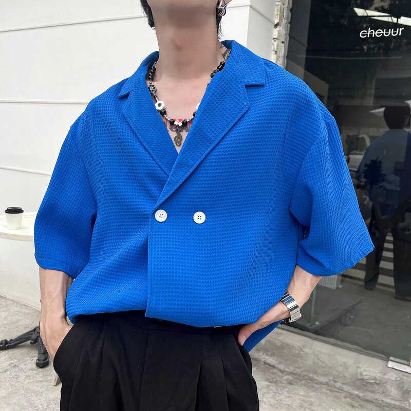 Summer design short-sleeved shirt men's loose waffle plaid Cuban collar suit shirt trendy style Summer design short-sleeved shirt men's loose waffle plaid Cuban collar suit shirt trendy style