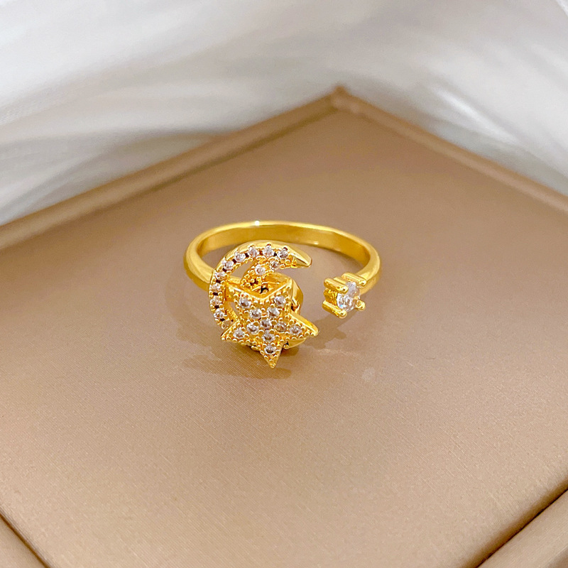 Anello con stella e luna rotanti, mito, apertura regolabile, gioiello semplice giapponese, anello per coppie_voghion.com