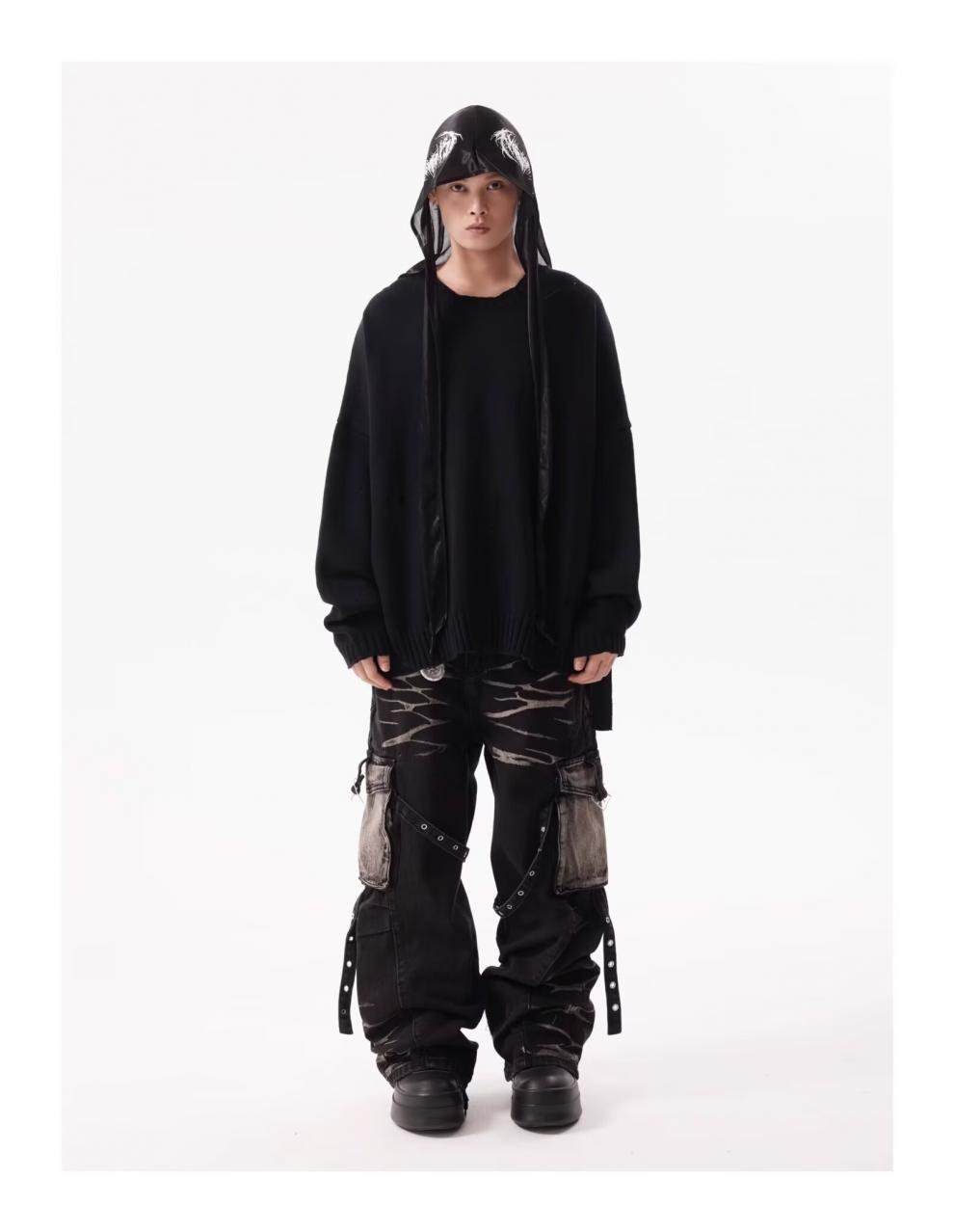 Jean cargo rétro ondulé à poches multiples et lacets pour homme, coupe droite, robuste et ample._voghion.com