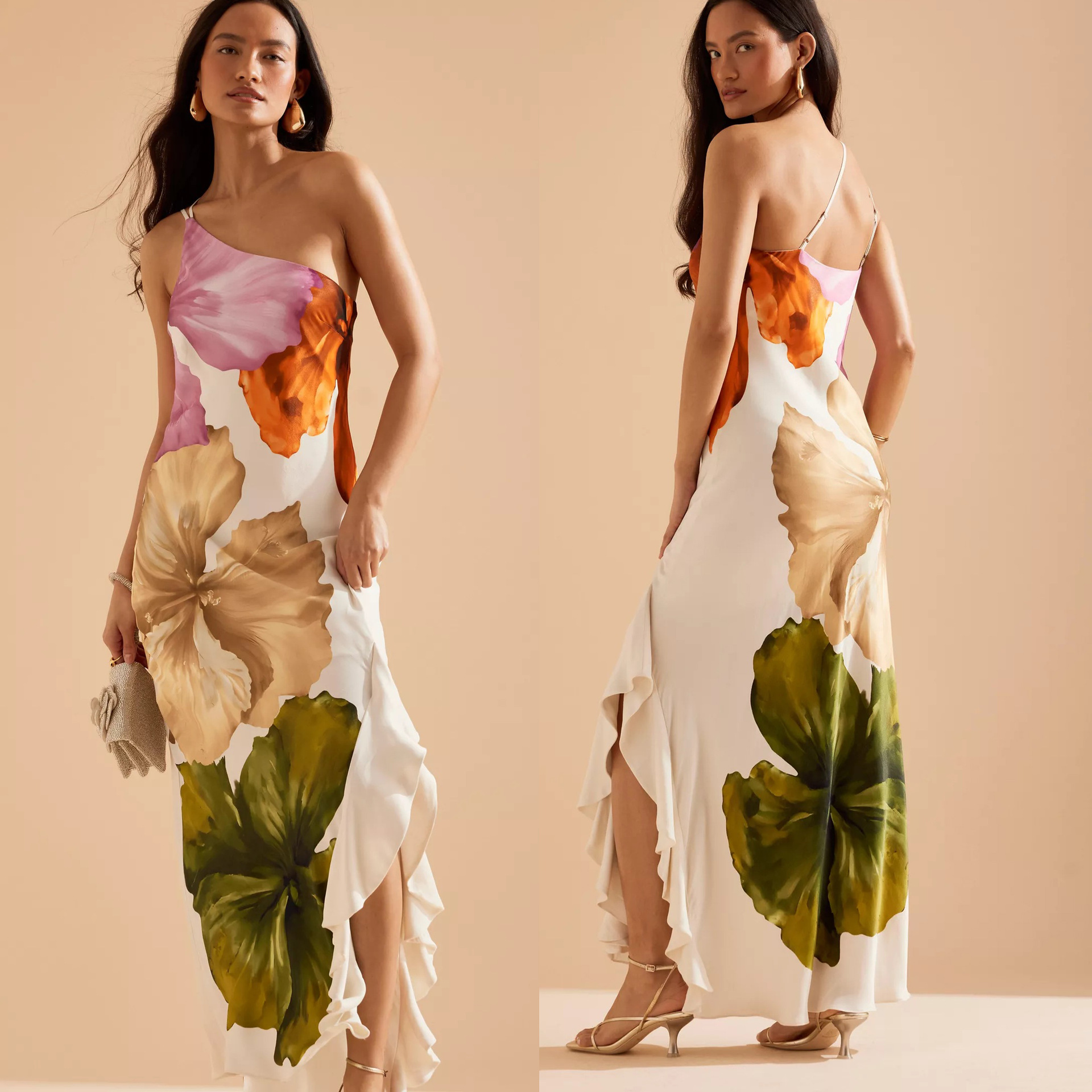 378g Weight Wholesale Women's Elegant Classical Painted Flower Flower Holiday One Shoulder Sleeveless Sheath Dress