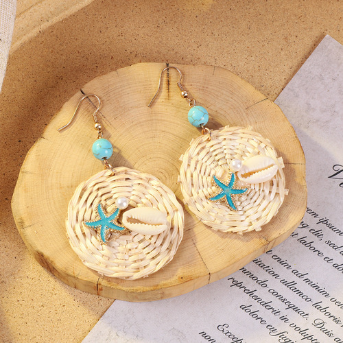 Retro holiday style grass and rattan braided earrings, bohemian seaside niche exaggerated earrings, female ethnic style earrings