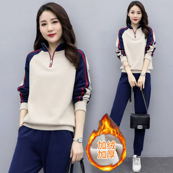 AliExpress 2023 가을/겨울 새로운 기모 두꺼운 스포츠 세트 여자 한국식 슬리밍 느슨한 플러스 사이즈 투피스 세트