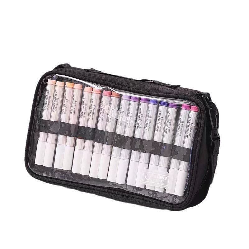 Capacious Marker Organizer Bag, Transparent Front, 64-Pen Capacity, Handheld & Shoulder Strap