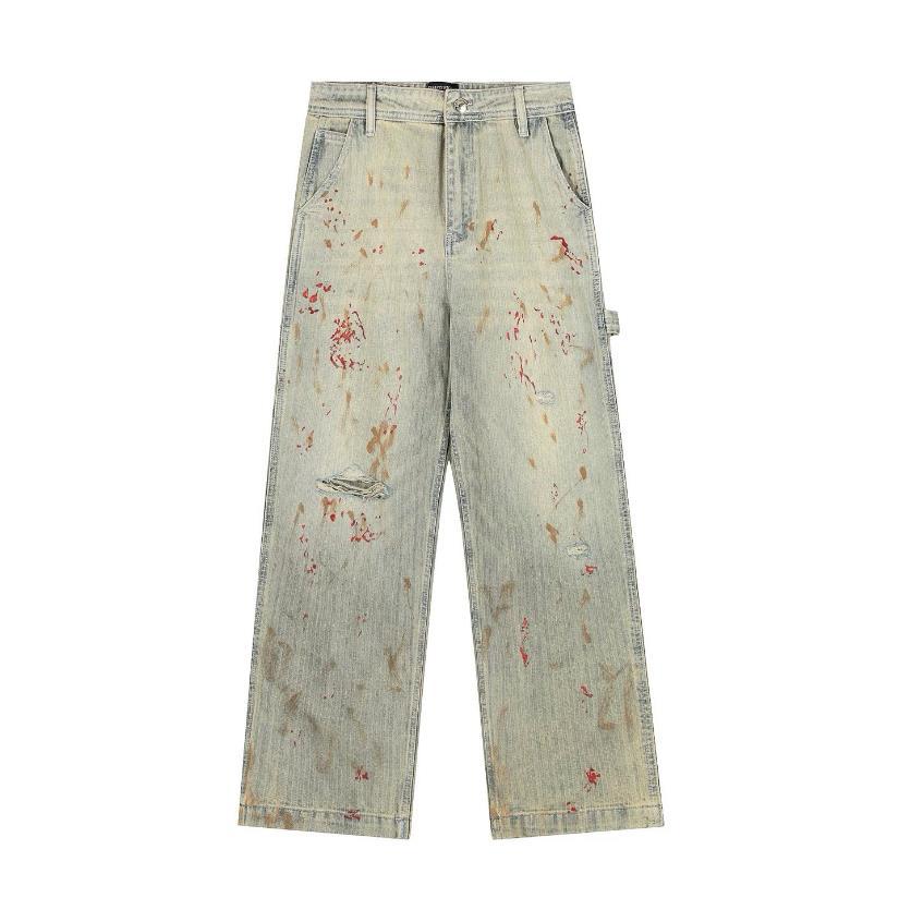 Melancholy High Street Brand Bloodstained Dirty Dyed Ripped Trendy Casual Logging Workwear_mkmklike.com