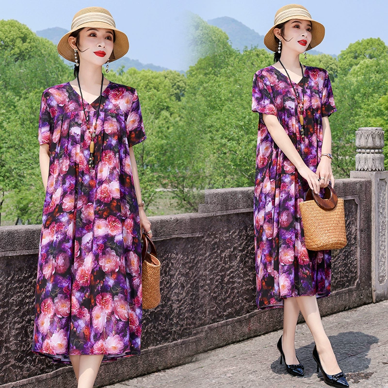 Мамино хлопково-шелковое платье, новое летнее свободное утягивающее пляжное длинное платье, элегантная большая распашная юбка Санья, юбка среднего возраста