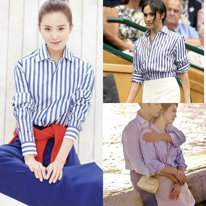 HOUSE24 秋冬 Liu Shishi 同紫ラベルシリーズ先染め青白ストライプボタン長袖シャツ女性用|undefined