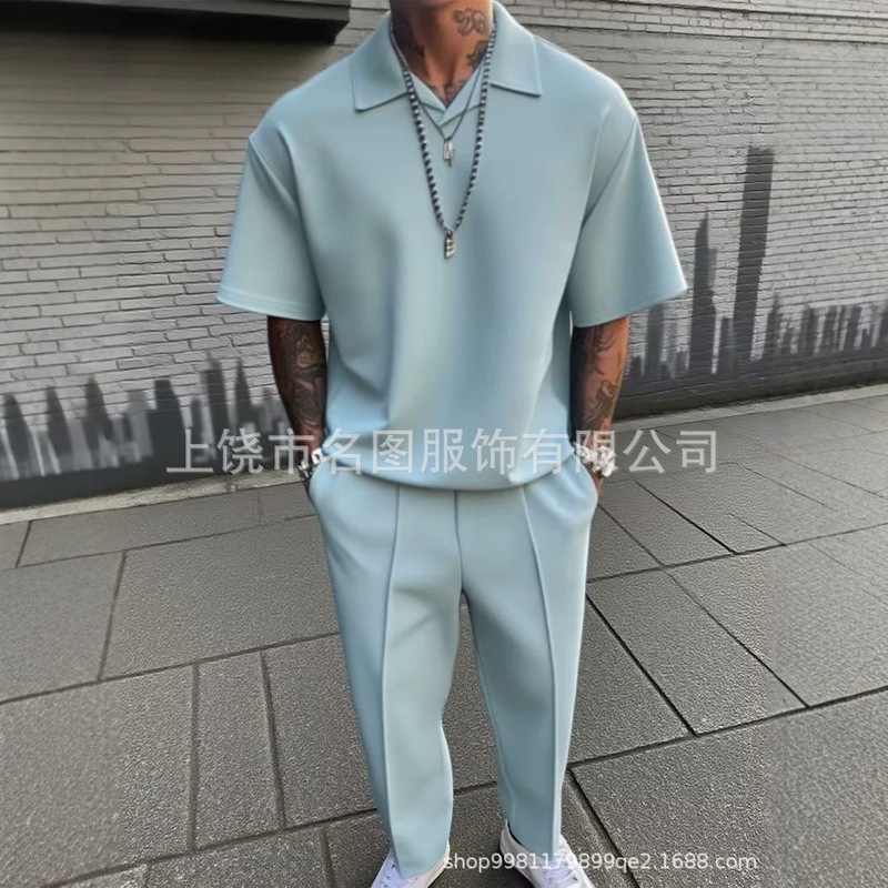 European and American style solid color lapel short-sleeve suit for men, loose wide-leg long pants two-piece set, light business casual suit, export product European and American style solid color lapel short-sleeve suit for men, loose wide-leg long pants two-piece set, light business casual suit, export product