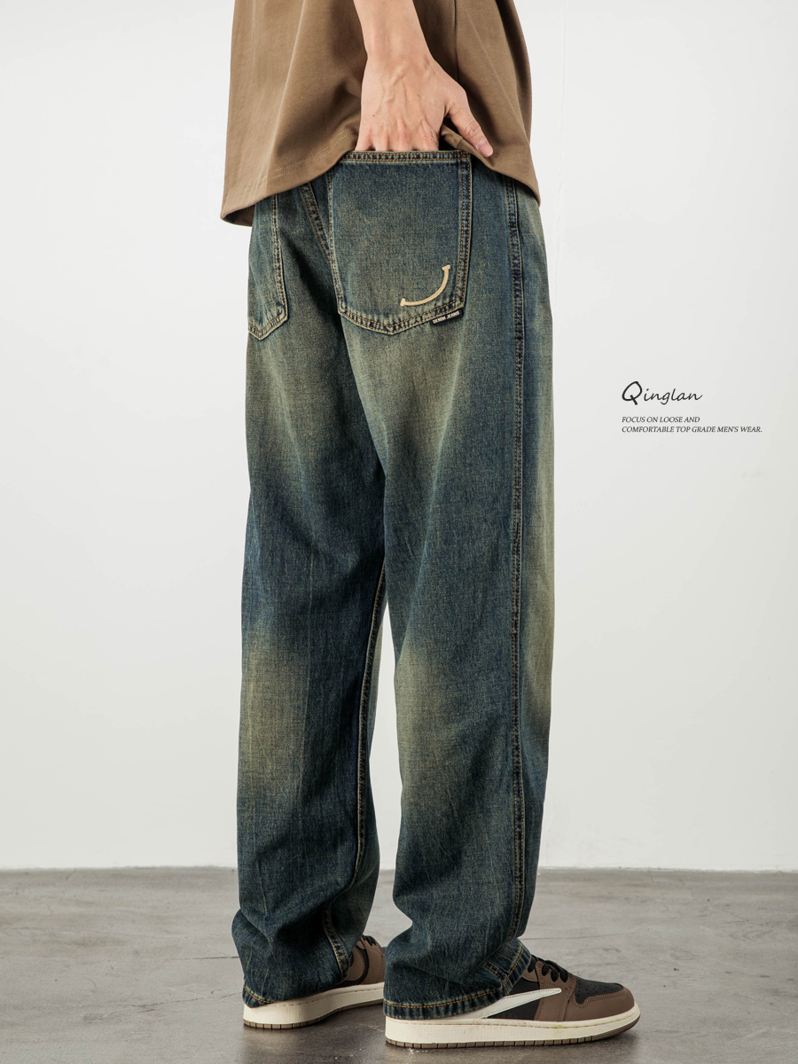 2026 Spring New Men's Jeans Loose Straight American Retro Trendy Casual Washed Wide-Leg Pants