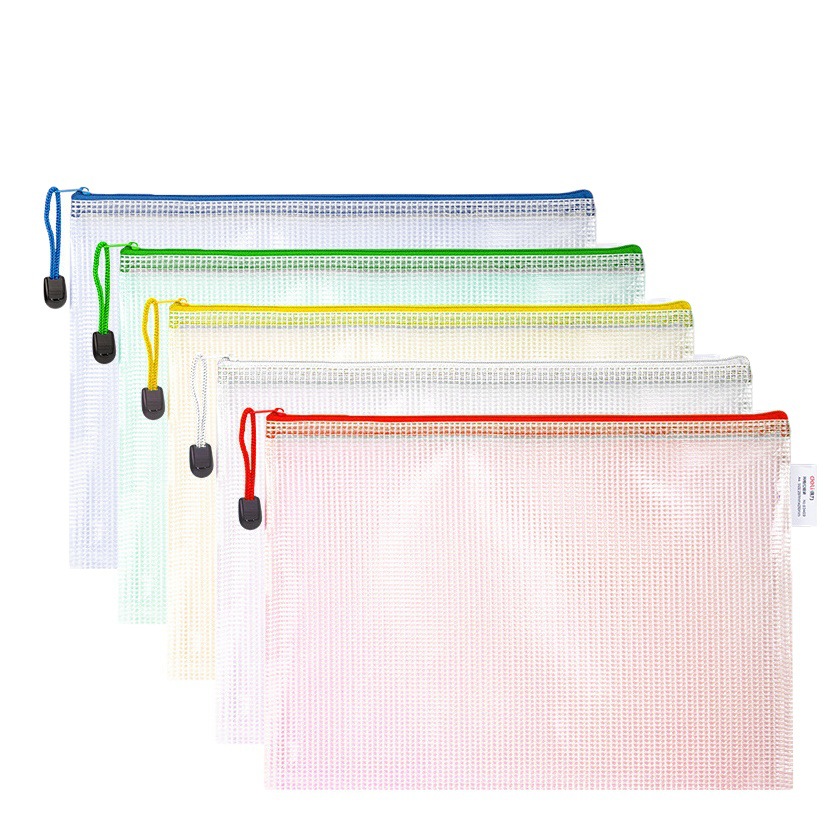 Deli 63469 bolsa de cremallera de malla de color A4 transparente portátil a prueba de estudiante bolsa de almacenamiento de archivos de oficina de papel