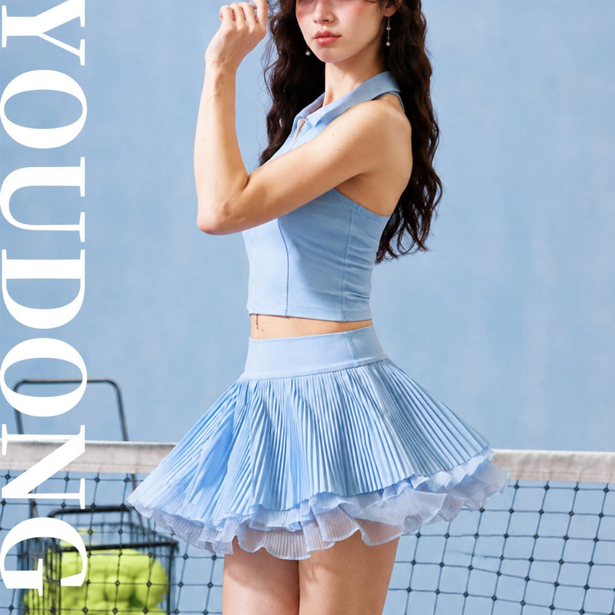 Factory direct supply: Women's pleated short skirt for sports and waltz, light blue pleated skirt with piping, slimming tennis skirt, in stock for quick delivery