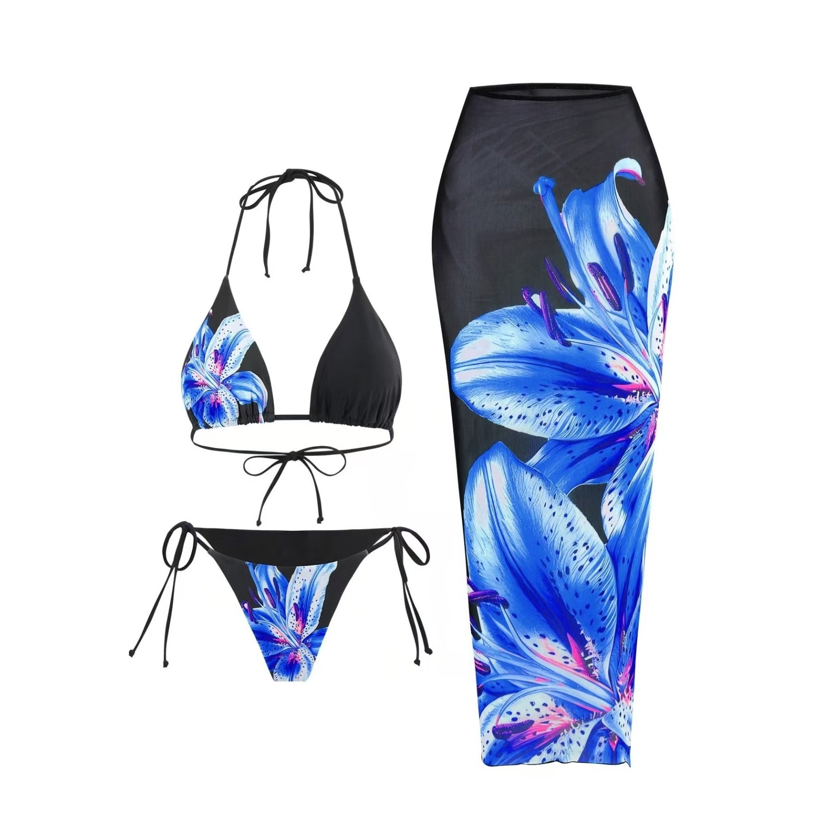 Women's Clothing Style Printed Two Piece Bikini Slim Wrap Skirt Lily Print Swimsuit Three Piece Set For Women Beach & Pool Ready_voghion.com