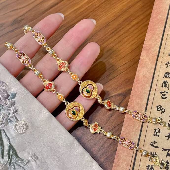 宫廷风纯银手链足银999.9珐琅彩葫芦描金手链手工民族风新中式女|undefined