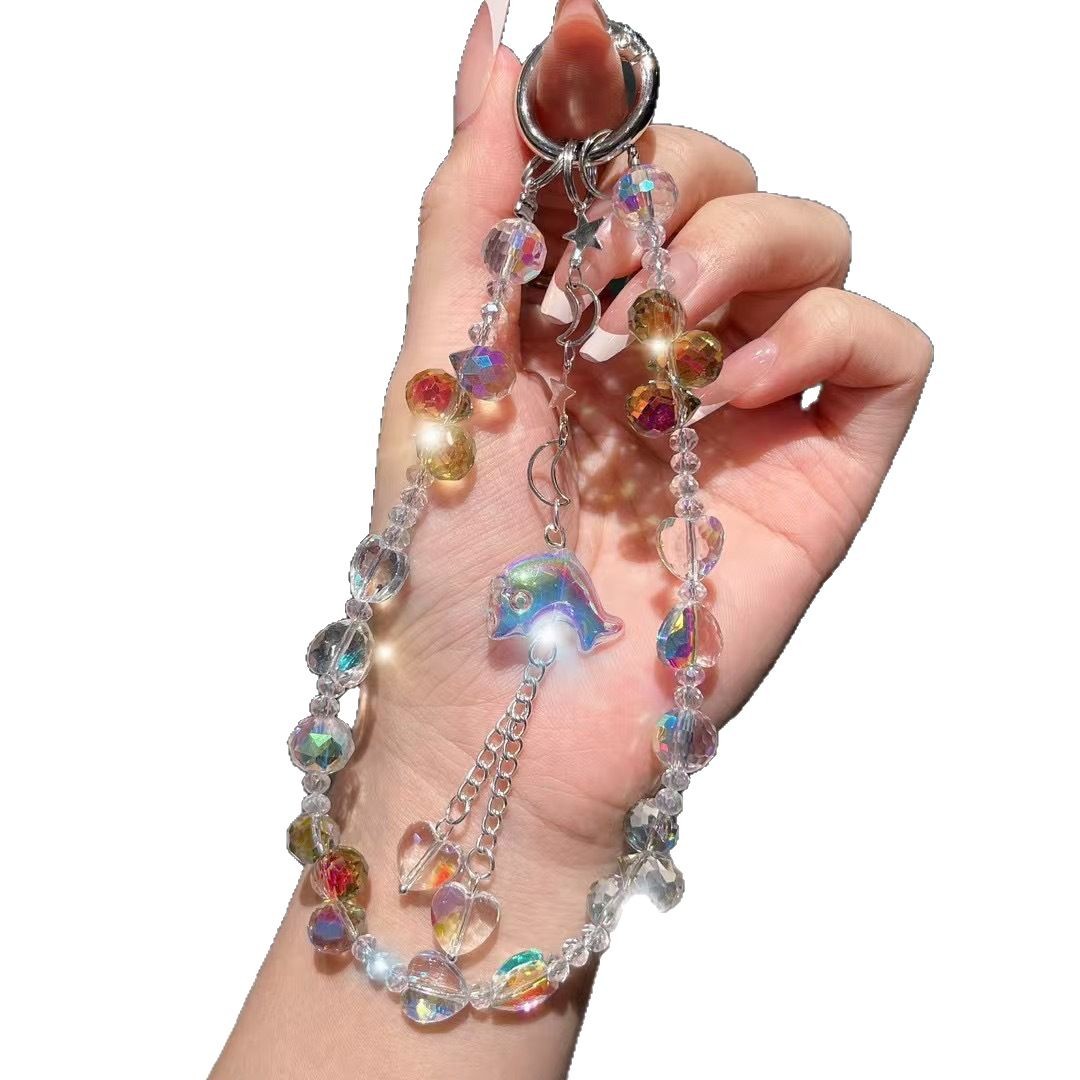 Cuerdas de muñeca corta de teléfono móvil cuerdas de muñeca personales creativas cuentas de diamante pequeños delfines hechos a mano perlas colgante lujoso ligero