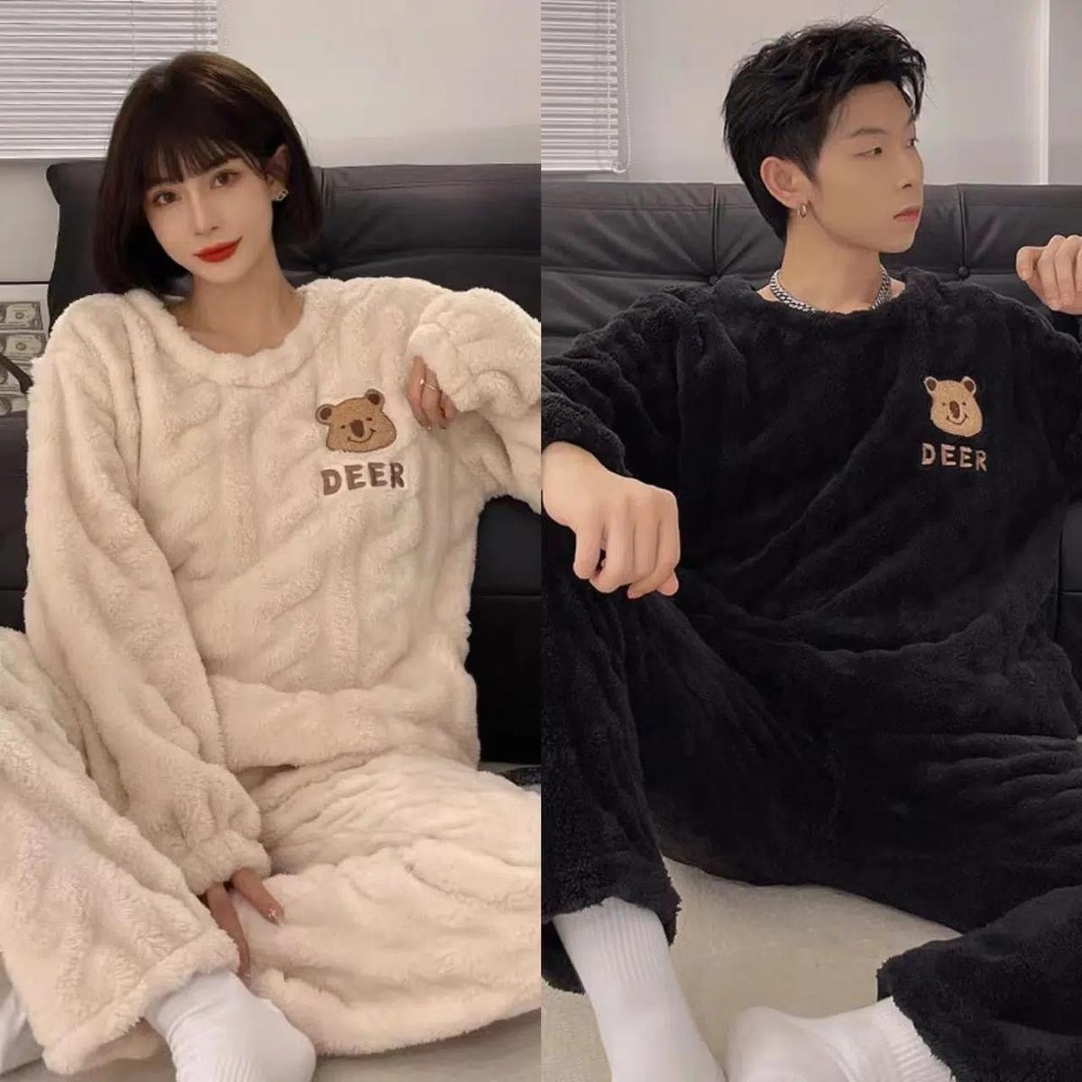 Otoño e invierno hombres coral fleece pullover pareja pijamas mujeres forrado de lana engrosada un hombre y una mujer cuello redondo de gama alta homewear