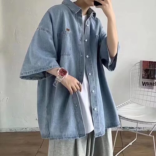 Slim-fit denim short-sleeve shirt for men, summer workwear open jacket, loose Korean-style trendy versatile top