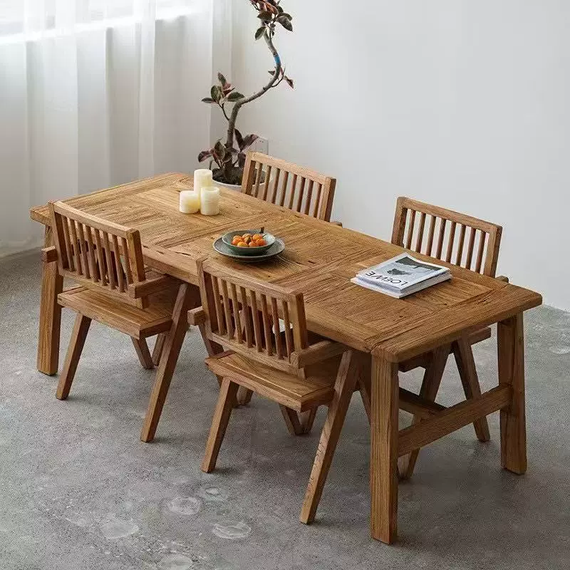 侘寂风实木餐桌新中式老榆木茶桌茶台家具复古民宿餐厅长条会客桌