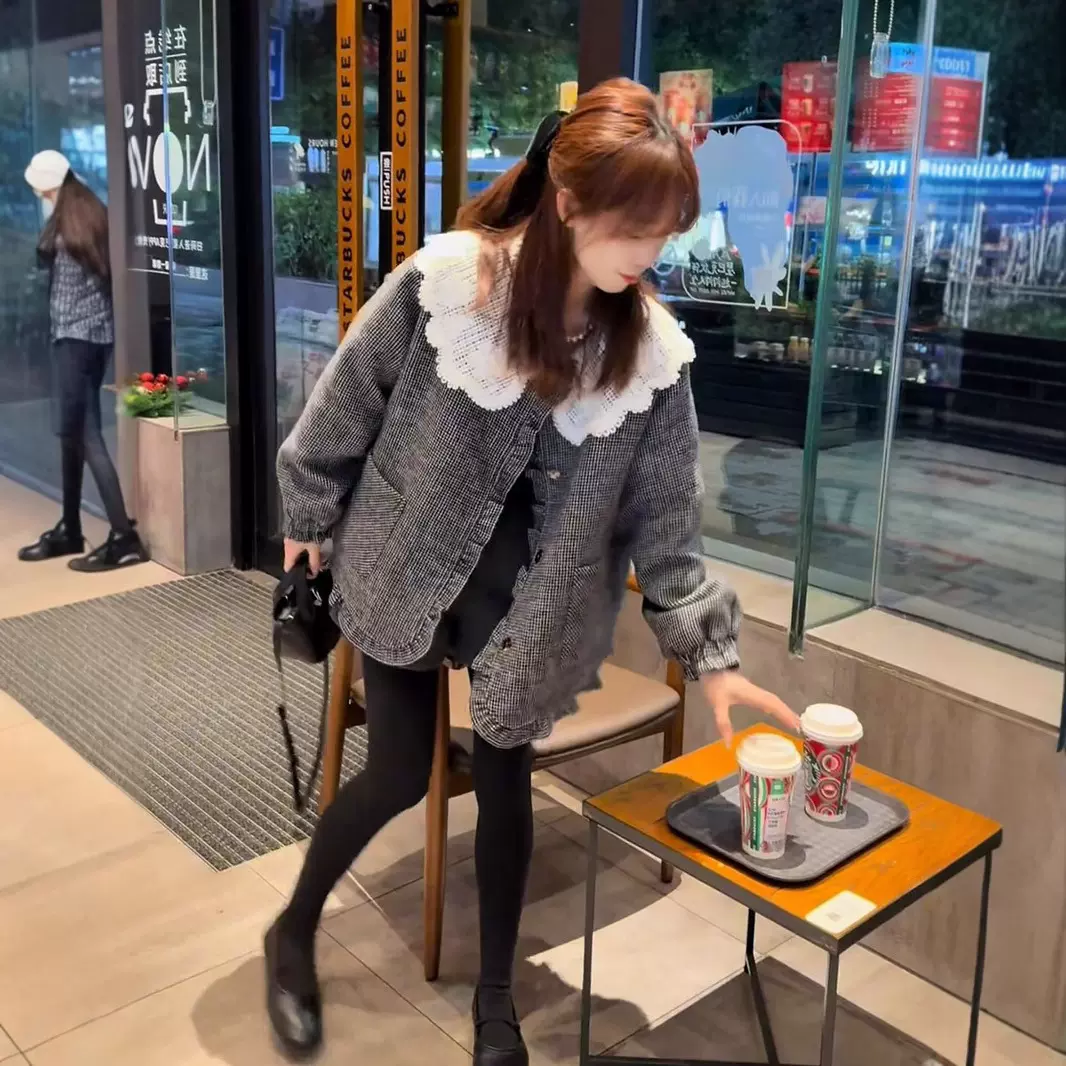韩系小个子木耳边娃娃领外套女2024冬季新款宽松夹棉设计感棉衣