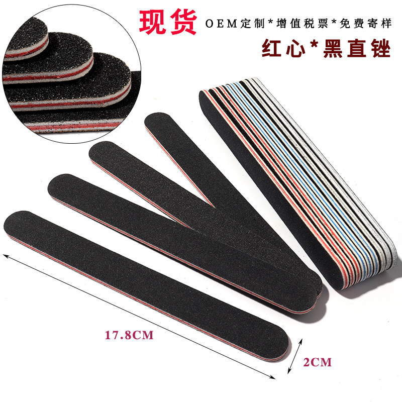 Factory Direct Sales Red Core Black Nail File Double-Sided Eav Polishing Sanding Strip Manicure Long Round Thin Sandpaper File