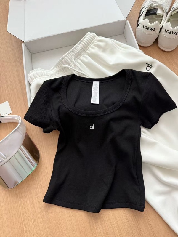 alo2025 新作夏スタイル右肩Uネックスリムベーシック半袖レディースTシャツ4色レディース|undefined