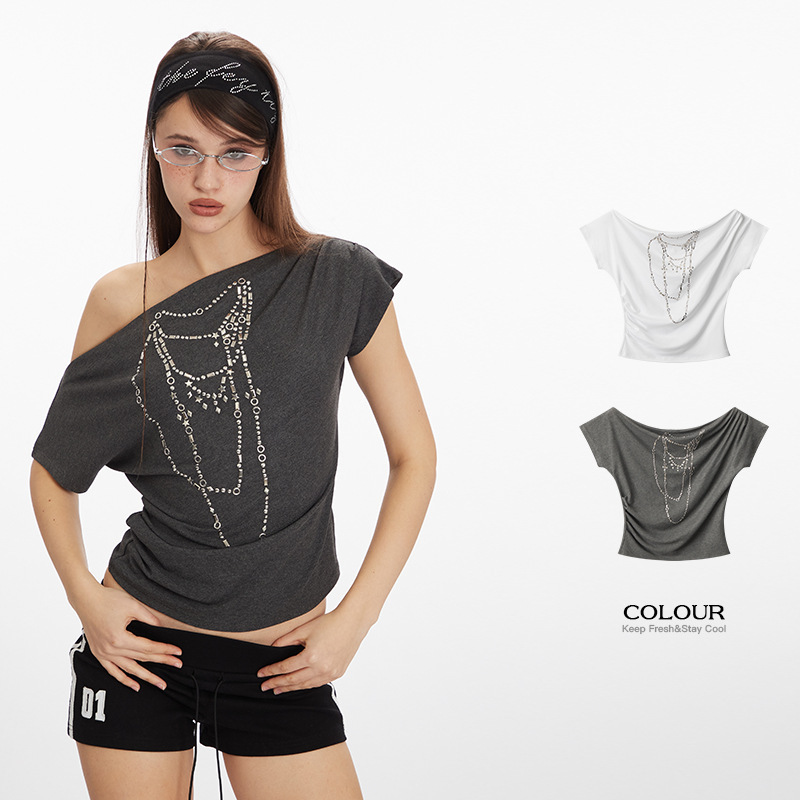 Heyhenry Slope Neck Design One-Shoulder Sexy Short T-Shirt 2025 New Summer Short-Sleeved Off-Shoulder Top for Women Heyhenry Slope Neck Design One-Shoulder Sexy Short T-Shirt 2025 New Summer Short-Sleeved Off-Shoulder Top for Women