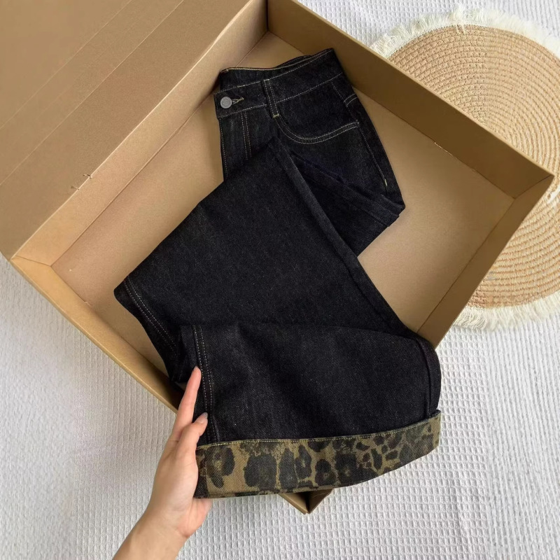 Vintage Black Leopard Print Rolled Hem Jeans for Women, New American Style Trendy High Street Loose Straight Wide-Leg Pants for Spring and Autumn