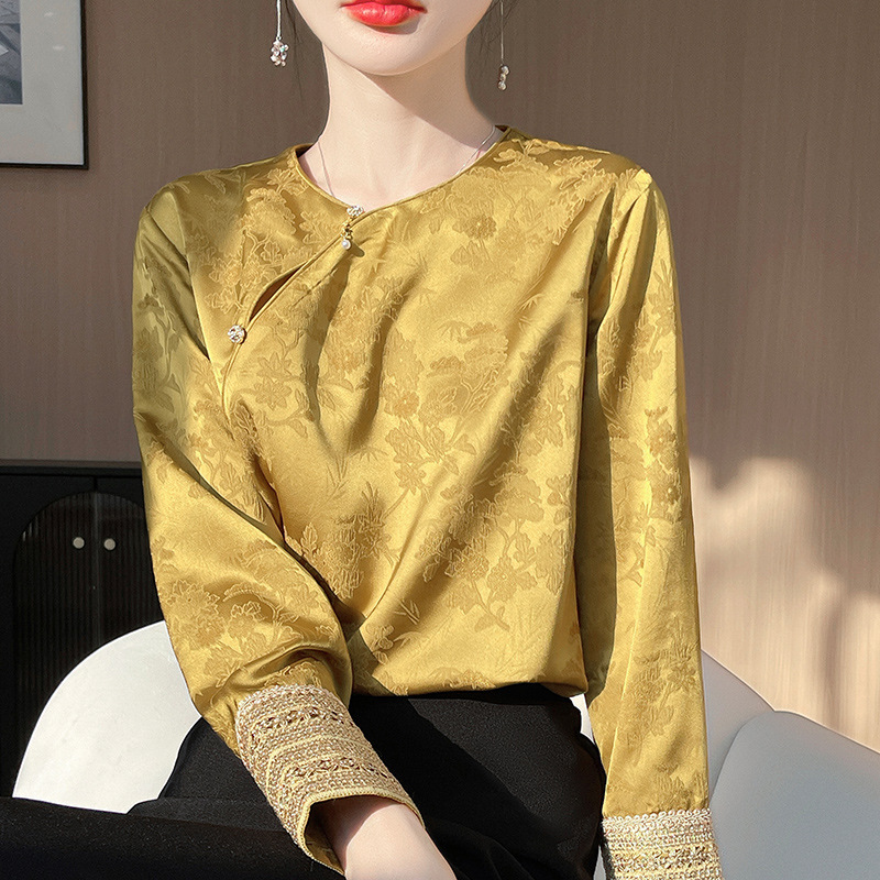 Elegant Retro High-end New Chinese Style Silk Satin Shirt Women's plus size Chinese Style Long Sleeve Top