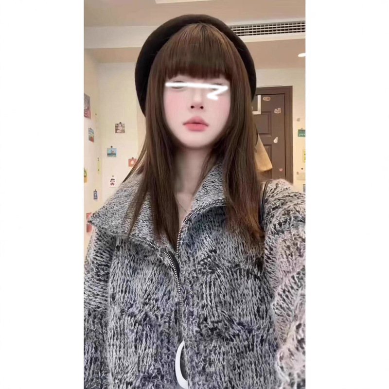 美式慵懒风灰色针织开衫毛衣女秋冬复古潮范宽松立领拉链上衣外套|undefined