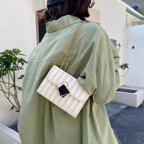  Summer New Fashion Trend Grass-Woven Bag Stylish Single-Shoulder Crossbody Bag for Women Korean Version Chain Small Square Bag