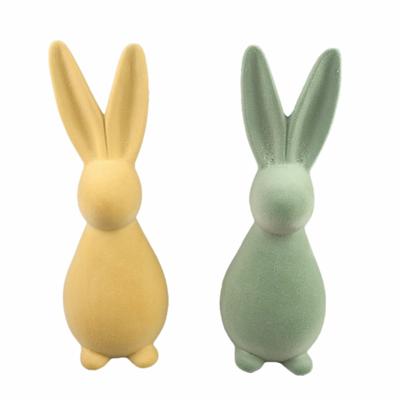 Pascua simulación cerámica terciopelo verde adorno de conejo cerámica flocado adorno de conejo decoración artesanal del hogar